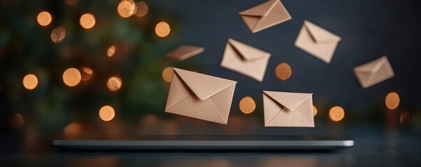 Floating envelopes over a laptop, symbolizing digital communication and mailing concepts.