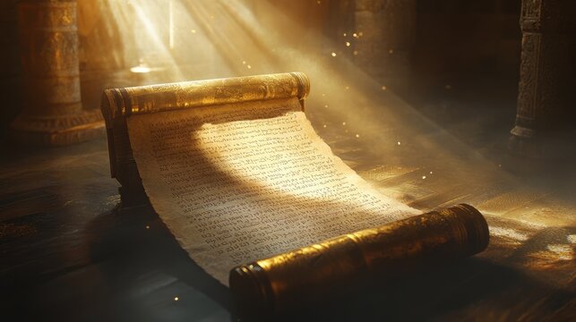 Religious scroll, Torah representing central religious document of Judaism, encompassing teachings, commandments, narratives that shape cultural identity, foster a deep connection to faith, tradition.