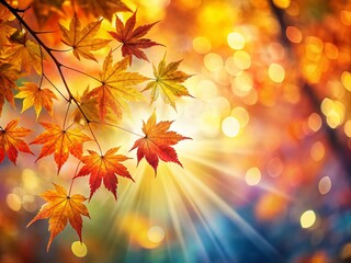 Fototapeta premium Blurred Autumn Maple Tree with Sunbeams and Bokeh Lights - Colorful Abstract Nature Background