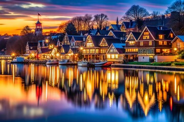 Obraz premium Boathouse Row Christmas Silhouette at Dusk - Festive Lights and Reflections in Winter Serenity