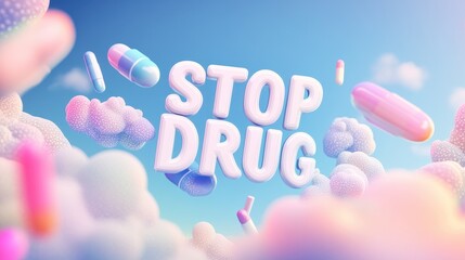 The design prominently displays STOP DRUG amid soft clouds and abstract shapes for awareness