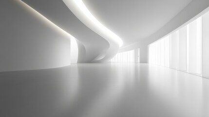 Futuristic minimalist space, soft ambient illumination, sleek white surfaces, serene and uncluttered environment, modern design aesthetic