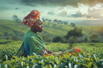 Black South African woman farmers clothing outdoors sitting.