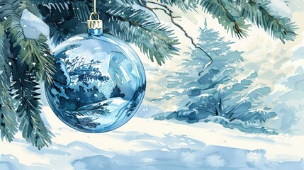 A large blue glass Christmas ornament hangs from the branch of an evergreen tree
