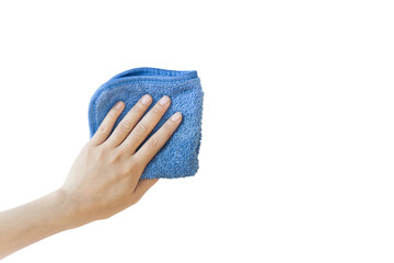 A hand holding a blue microfiber cleaning cloth against a white background. copy space