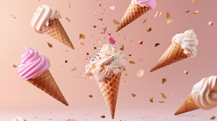 Ice cream in waffle cones flying in the air