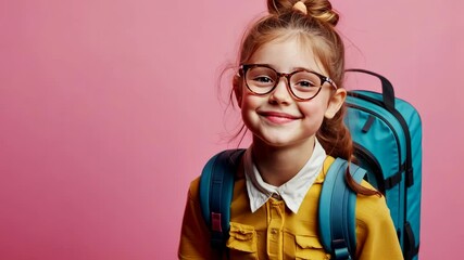 of cheerful pretty cute schoolgirl wear stylish clothes look empty space Video