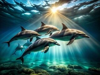 Fototapeta premium Bottlenose Dolphins in Low Light Water - Captivating Underwater Scenes for Nature Lovers