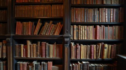 Vintage Books on Wooden Shelves in an Old Library - Antique Book Collection, Historical Study, Reading Room