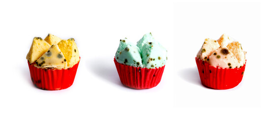 Isolated spoiled Thai dessert, 'Pui Fai', is covered with black and colored mold, making it unsafe to eat on white background.