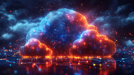 Fototapeta premium abstract cloud network digital technology concept with blue and red neon lights 3d rendering