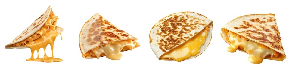 A delicious set of cheesy quesadillas, showcasing melted cheese spilling from golden-brown tortillas in a tempting presentation.