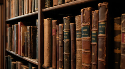 Vintage Books on Wooden Shelves in an Old Library - Antique Book Collection, Historical Study, Reading Room