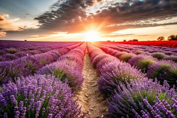 Obraz premium Breathtaking Lavender Flower Fields at Sunset - Night Photography of Blooming Rows