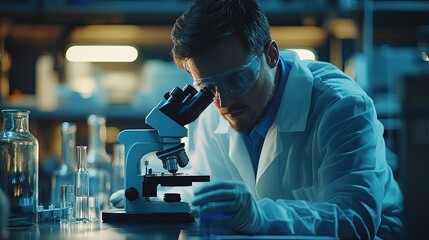 In the lab, a scientist uses a microscope. Research and development concepts for pharmaceuticals and medical healthcare technologies