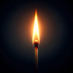 Macro Shot of a Single Burning Matchstick on Black Background.