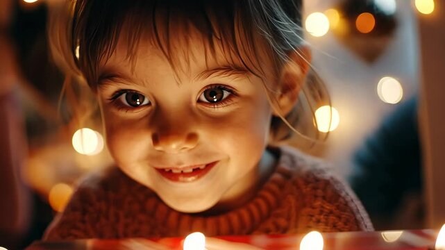 Child&acirc;&euro;&trade;s face lighting up as they open a gift they&acirc;&euro;&trade;ve been dreaming of, with family gathered around in excitement. . Video