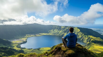 Fototapeta premium man sitting on his back in front of a large lake