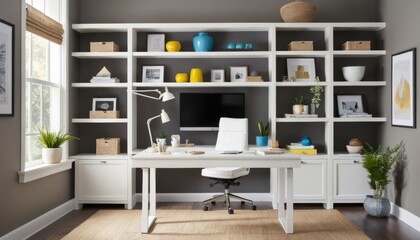 Modern home office with stylish desk and shelves, organized and functional workspace