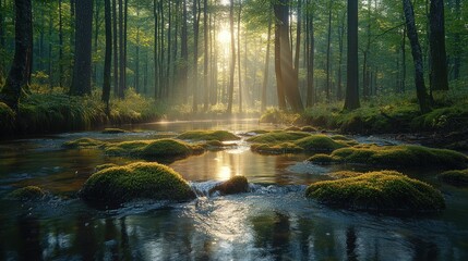 Obraz premium A serene forest scene with sunlight filtering through trees, illuminating a mossy riverbank.