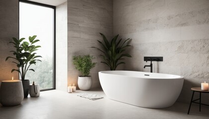 Minimalist bathroom with freestanding tub and plants, serene spa-like atmosphere