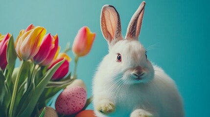 Easter Banner with Fluffy Bunny, Colorful Eggs, and Tulips on Blue Background – High-Quality Studio Photograph