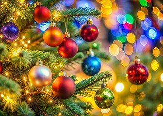 Obraz premium Bright Christmas Tree with Bokeh Effect for Festive Holiday Decor and Celebration