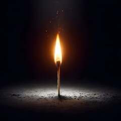 Single Burning Matchstick Glowing in Darkness
