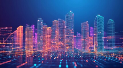 Obraz premium Lowpoly 3D wire mesh of a smart city An intelligent building automation system concept with binary code data flow showcasing technology in urban