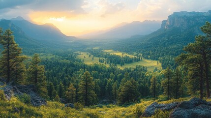 Fototapeta premium A serene landscape featuring mountains, valleys, and lush greenery at sunset.