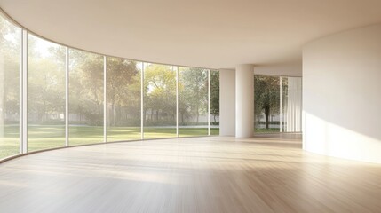 Modern minimalist space featuring expansive curved glass walls, warm light wood flooring, ideal for creative gatherings or events