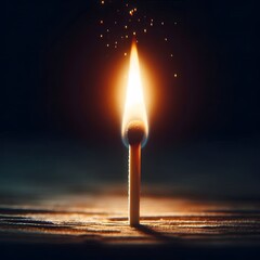 Single Burning Matchstick with Flickering Flame on Dark Background