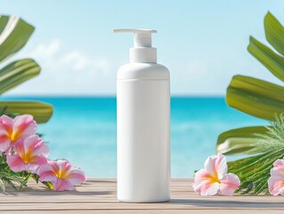 Blank sunscreen pump bottle placed on a wooden deck with tropical flowers, ocean view in the background, sunscreen pump bottle, luxury summer branding