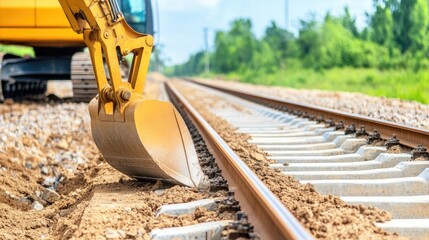 Fototapeta premium Excavator bucket resting beside freshly laid railway tracks on a sunny construction site surrounded by dirt and debris