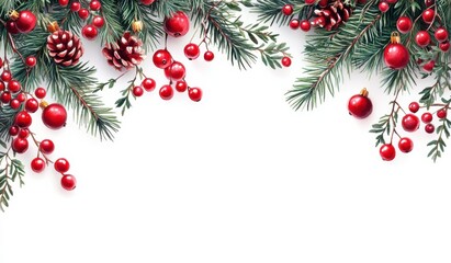 Festive Christmas garland border with red berries, pine cones, and green fir branches on a white background