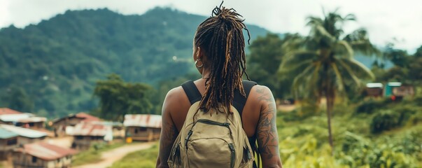 A Black woman with dreadlocks and tattoos backpacking through a remote village, embracing the culture and scenery around her
