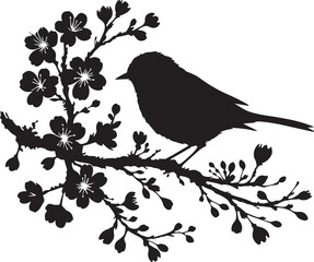silhouette of a bird sitting on sakura tree branch vector art illustration