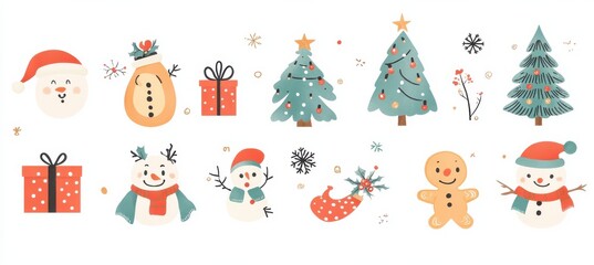 Fototapeta premium Cute Christmas illustrations featuring festive elements like snowmen, Christmas trees, and gift boxes showcasing holiday cheer