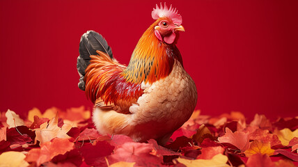 Vibrant rooster standing among autumn leaves against bold red background. 