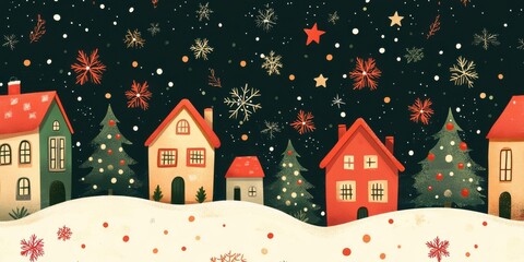 Obraz premium Charming Christmas seamless pattern with snowy village, colorful houses, and festive decorations