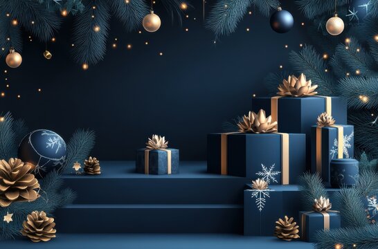Elegant Christmas display with navy blue and gold presents, pine branches, and sparkling decorations for a sophisticated holiday setting