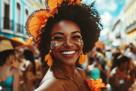 A Black woman with a wide, infectious grin dancing in the streets of Rio during Carnival, her joyful energy captivating the moment