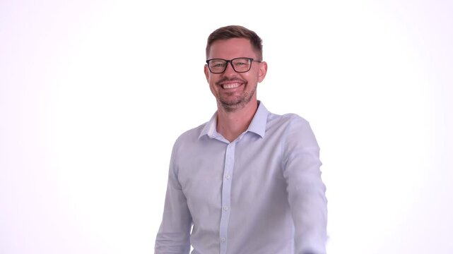 Office employee fails to believe speech of interlocutor laughing. Young man makes gestures of disbelief frivolity questioning words of comrade