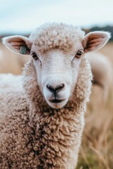 Fototapeta premium A fluffy sheep with curly wool and a number-tagged ear stands alertly in a grassy pasture on a mild day.