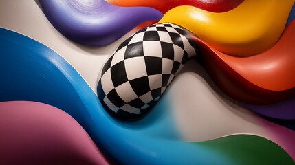 Obraz premium Abstract colorful wavy shapes with a black and white checkered design in the center.
