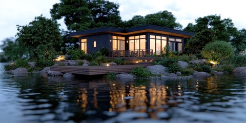 Obraz premium Modern Lakefront Cabin with Deck and Water Reflection