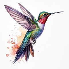 A vibrant watercolor illustration of a hummingbird in flight with colorful plumage.