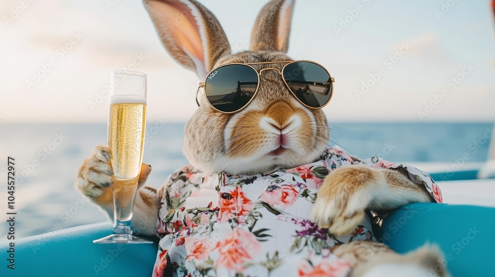 Wall mural cool rabbit lounging on a yacht, wearing aviator sunglasses and a floral shirt, holding champagne, e