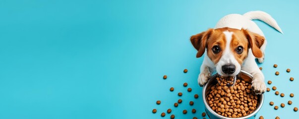 Cute dog leaping excitedly as kibble spills out of the bowl, isolated against a blue backdrop, perfect for pet food ad campaign
