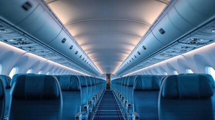 Empty airplane aisle with blue seats, lit by overhead lights.